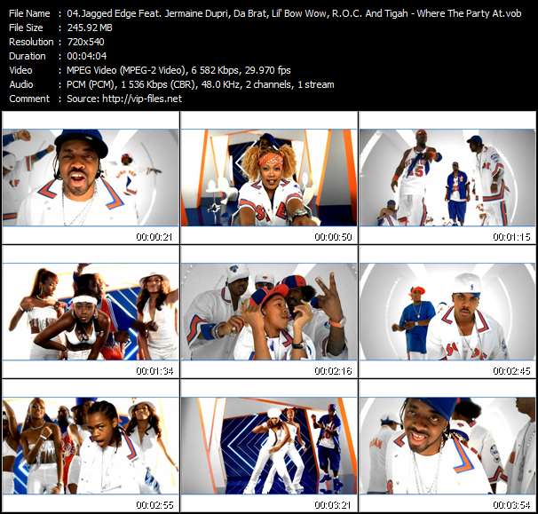Jagged Edge Feat. Jermaine Dupri, Da Brat, Lil' Bow Wow, R.O.C. And Tigah video ”Where The Party At (11-01-01 Dupri Remix)” from dvd ”Jagged Edge. The Ultimate Video Collection.”