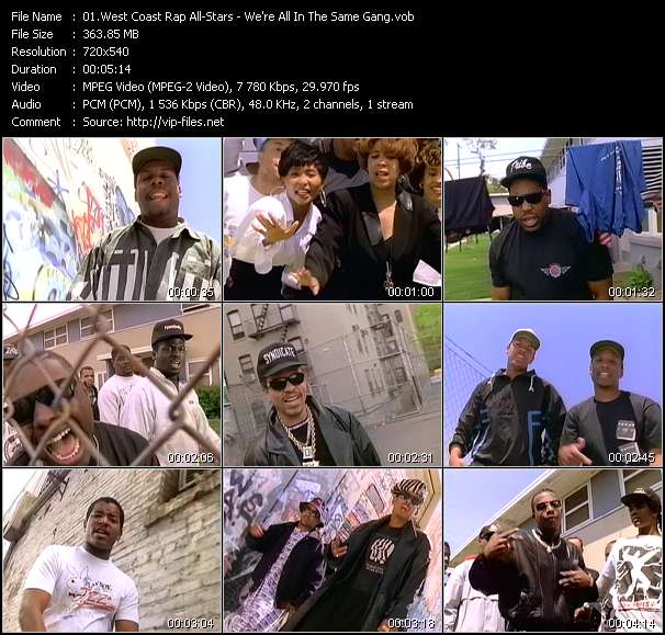 West Coast Rap All-Stars (King Tee, Body And Soul, Def Jef, Michel'le, Tone Loc, Above The Law, Ice-T, Dr. Dre, Mc Ren, Young MC, Digital Underground, Mc Hammer And Eazy-E) video ”We're All In The Same Gang” from dvd ”Rock America Urban July 1990”