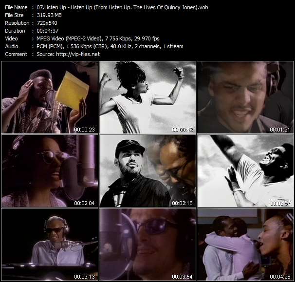 Listen Up (Big Daddy Kane, Siedah Garrett, Tevin Campbell, Al B. Sure!, Karyn White, James Ingram, Ice-T, The Winans, Ray Charles, El DeBarge And Grandmaster Melle Mel) video ”Listen Up (From "Listen Up: The Lives Of Quincy Jones")” from dvd ”Telegenics Number 91K2. In Storevision. October 1990”