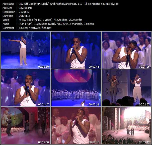 Puff Daddy (P. Diddy) And Faith Evans Feat. 112 video ”I'll Be Missing You (Live) (From "Arista Records 25th Anniversary Celebration" April 9, 2000)” from dvd ”25 Years Of Number 1 Hits. Arista Records 25th Anniversary Celebration”